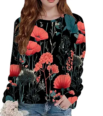 Retro Flower Print Sweatshirts for Women Crewneck Long Sleeve Elegant Tunic Tops Loose Pullover Sweatshirts Outfits