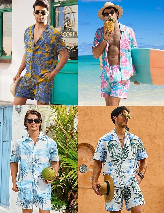 COOFANDY Men's Hawaiian Matching Set Summer Beach 2 Piece Outfits Flower Button Down Shirts and Shorts Vacation Outfits