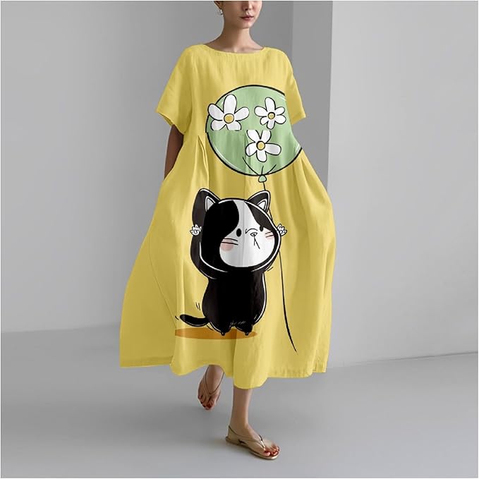 MARSVOVO Summer Dress for Women Funny Cat Graphic Cute Short Sleeve Maxi Dress Causal Plus Size Party Dress for Women