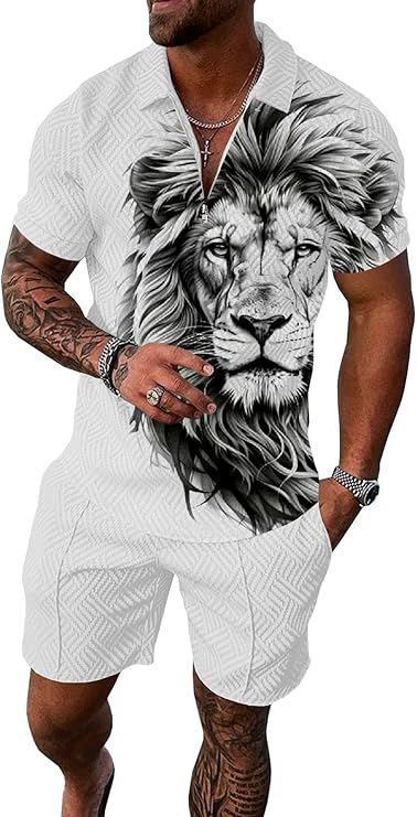 UOUA Mens Summer Track Suits 2 Piece Shorts Sets Short Sleeve Sweatsuit Outfits 1/4 Zip Golf Polo Splicing Striped Shirts