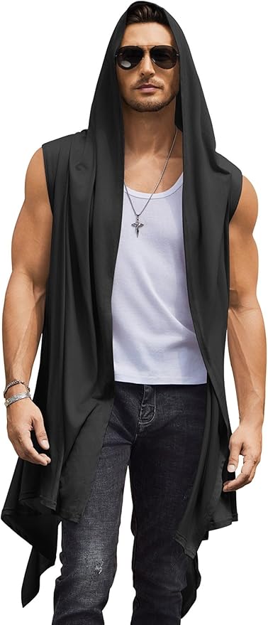 COOFANDY Men's Long Hooded Cardigan Sleeveless Ruffle Shawl Collar Lightweight Open Front Drape Kimono Vest