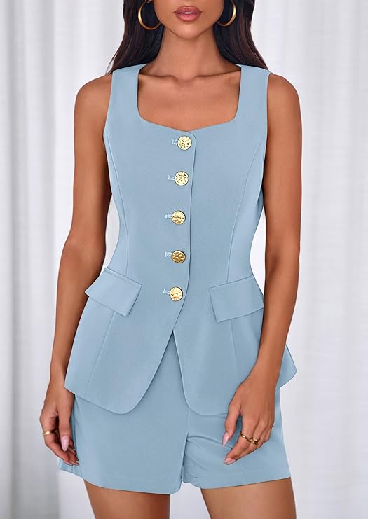 PRETTYGARDEN Womens 2 Piece Matching Sets 2026 Fashion Button Down Suit Vest Tops Shorts Set Spring Business Casual Outfits