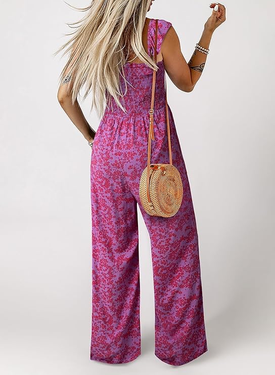 Dokotoo Floral Jumpsuits for Women 2025 Summer Floral Ruffle Sleeves Square Neck Rompers with Pockets