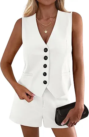 PRETTYGARDEN 2 Piece Sets for Women Spring Fashion 2026 Button Vest Tops High Waist Shorts Summer Business Casual Outfits