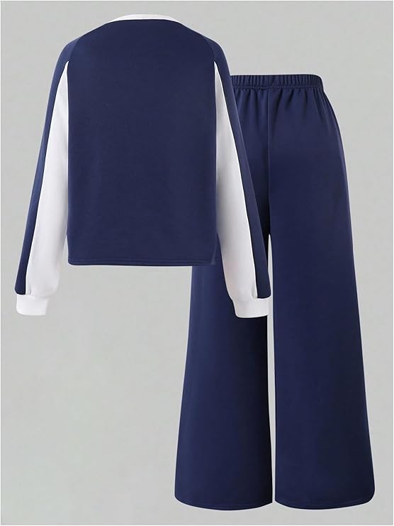 Girl's 2 Piece Outfits Letter Graphic Color Block Sweatshirts and Wide Leg Pants