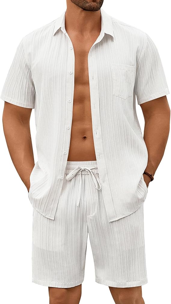 COOFANDY Mens Beach Outfits 2 Piece Sets Casual Short Sleeve Button Down Summer Textured Shirt
