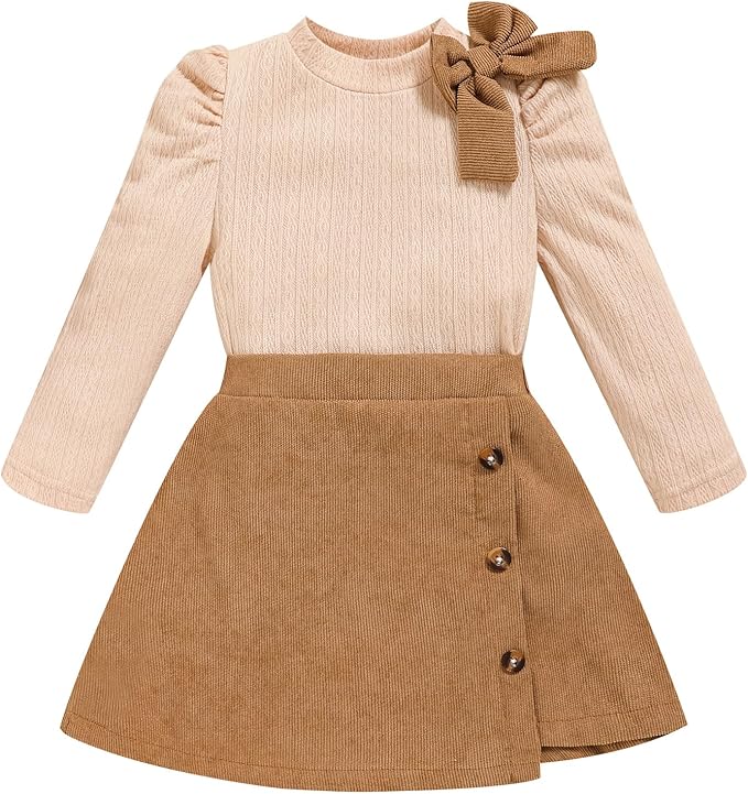 Toddler Girl Plaid Outfits Fall Winter Dress Knit Ribbed Bow Sweatshirt Tops and Button Fashion Skirts Set