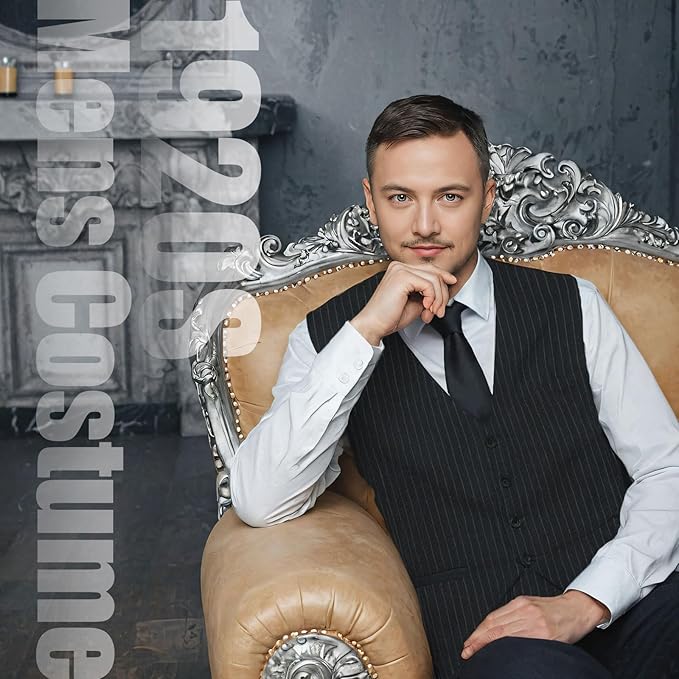 1920s Mens Costume,Roaring 20s Costumes for Men,1920S Mens Outfit Accessories with Vest Hat Pocket Watch Tie Armband