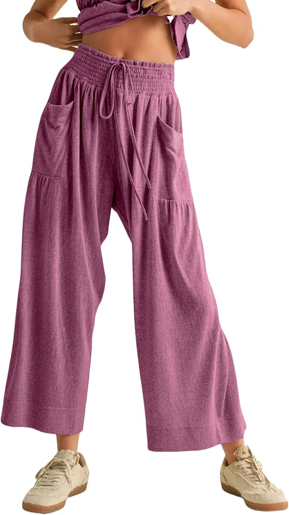 Womens 2 Piece Smocked Top Wide-Leg Pants Set High-Waisted Lounge Outfit with Pockets Casual Boho Matching Set
