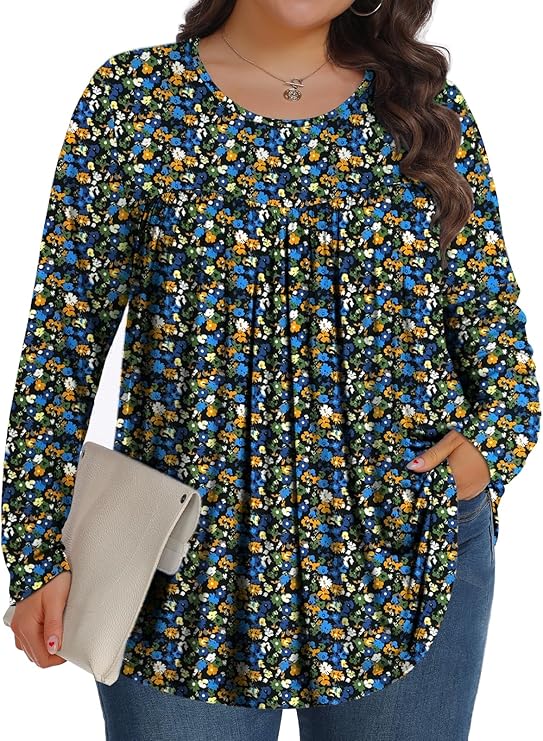 Plus Size Tops for Women Fall Long Sleeve Shirts Crew Neck Casual Loose Tunic Blouse 1X-5X