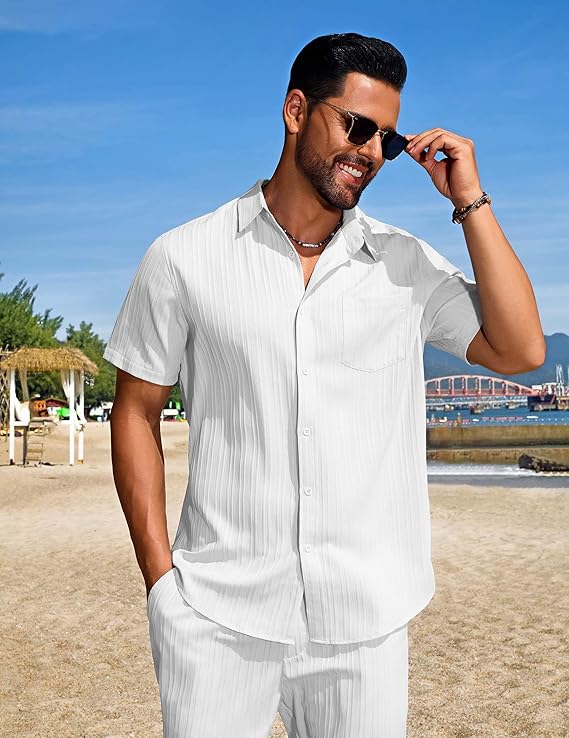 COOFANDY Mens Beach Outfits 2 Piece Sets Casual Short Sleeve Button Down Summer Textured Shirt
