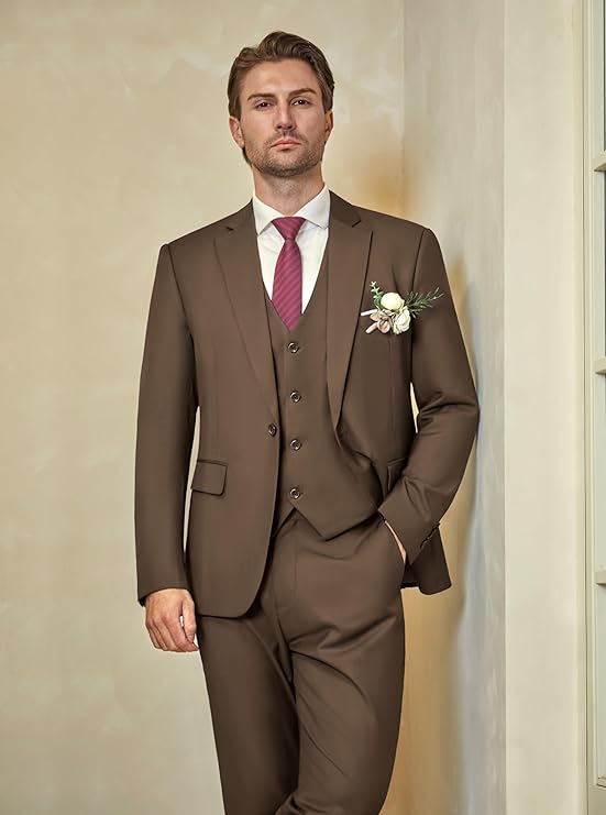 WULFUL Men’s Slim Fit Suit One Button 3-Piece Blazer Dress Business Wedding Party Jacket Vest & Pant