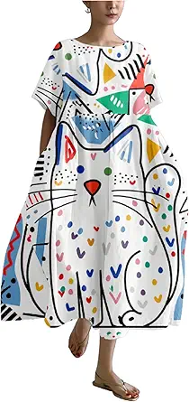 MARSVOVO Summer Dress for Women Funny Cat Graphic Cute Short Sleeve Maxi Dress Causal Plus Size Party Dress for Women