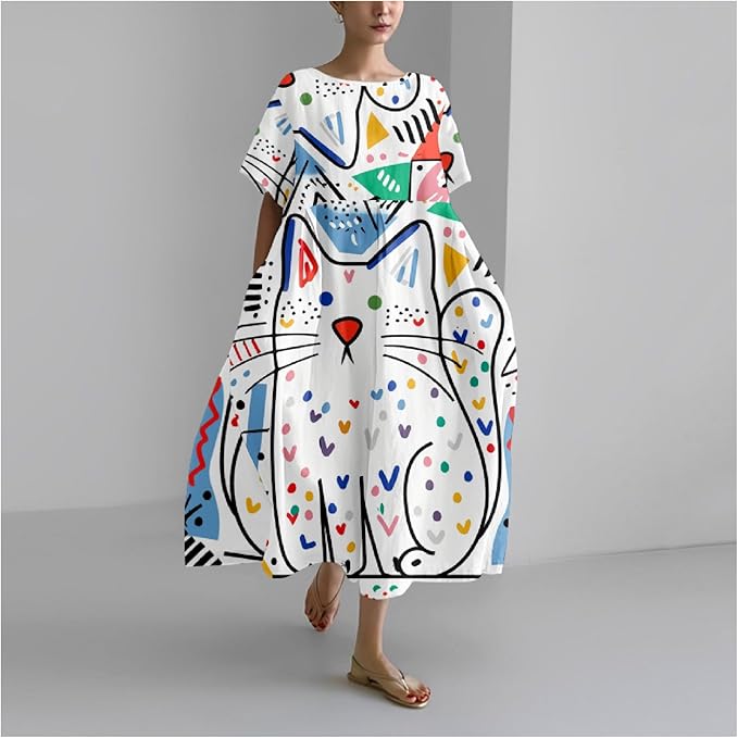 MARSVOVO Summer Dress for Women Funny Cat Graphic Cute Short Sleeve Maxi Dress Causal Plus Size Party Dress for Women
