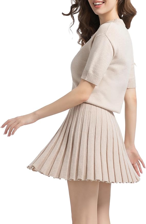 Womens 2 Piece Outfits Short Sleeve Crewneck Knit Tops And Pleated Mini Skirt Two Piece Sets