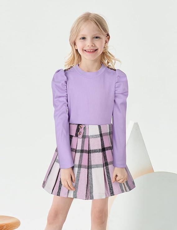Fuermos Toddler Girl Clothes Puff Sleeve Top and Pleated Girls Plaid Skirt Set 2PCS Girls Outfits Fall Winter