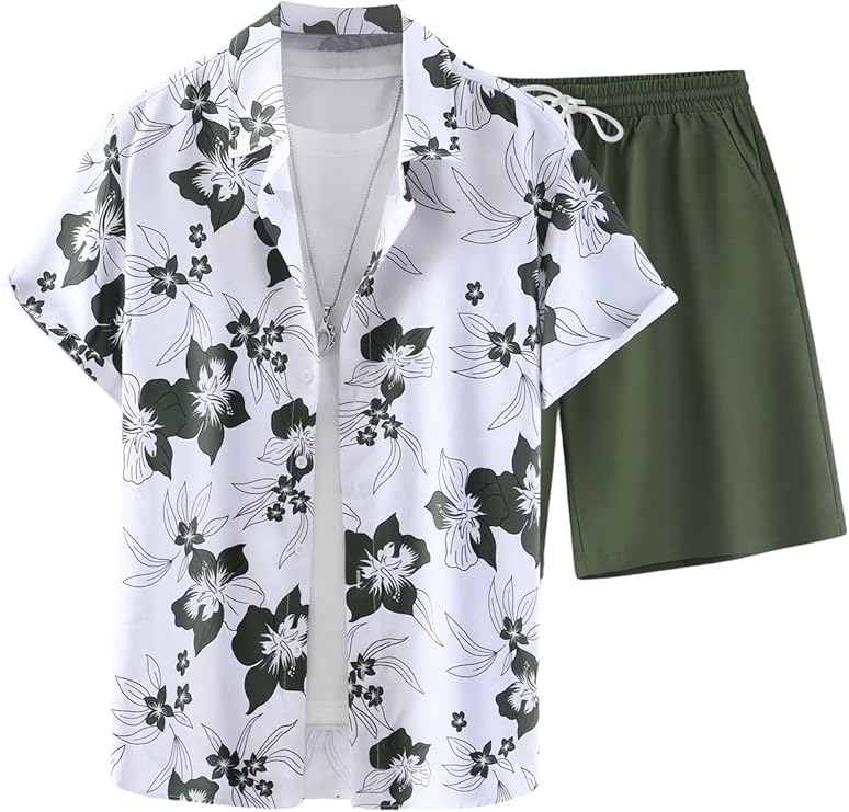 GORGLITTER Men's Vacation Beach Outfits 2 Piece Shorts Set Floral Hawaiian Button Down Shirt and Shorts