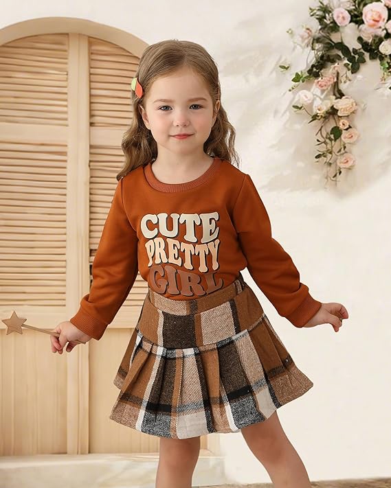 Kucnuzki Baby Girl Clothes Toddler Girl Fall Outfits Kids Winter Cute Long Sleeve T Shirt Top Plaid Mini Skirt Dress Set