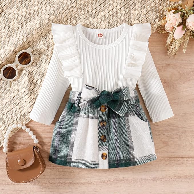 Noubeau Toddler Baby Girls Plaid Outfits Knit Ribbed Sweatshirt Shirt Tops Red Plaid Belt Skirt Fall Winter Clothes