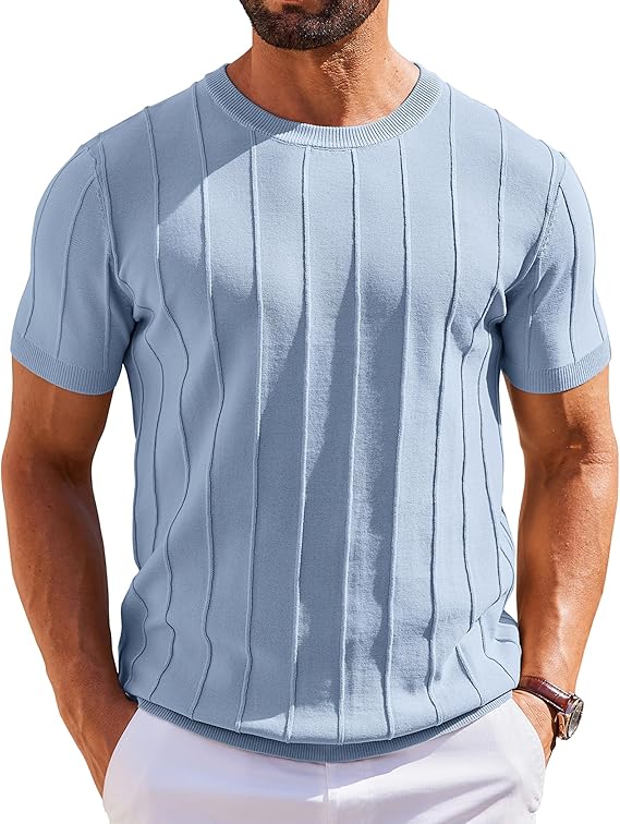 COOFANDY Men's T- Shirts Short Sleeve Knit Sweater Shirt Casual Crewneck Ribbed Pullover Tees