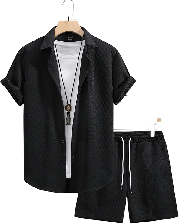 GORGLITTER Men's 2 Piece Outfits Waffle Knit Button Down Shirt Top and Shorts Set