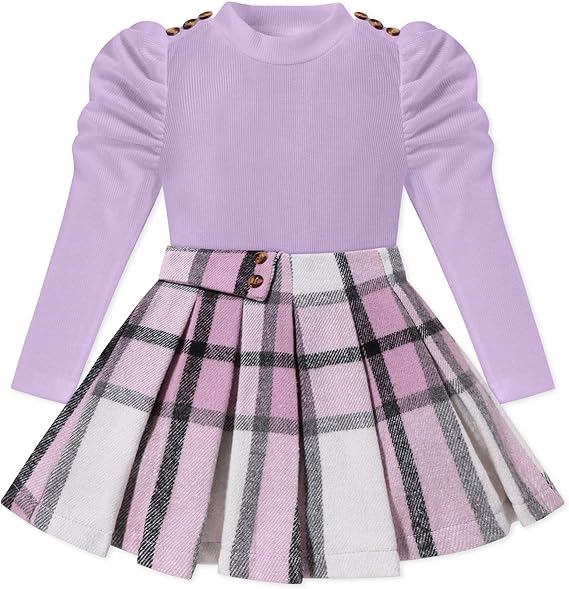 Fuermos Toddler Girl Clothes Puff Sleeve Top and Pleated Girls Plaid Skirt Set 2PCS Girls Outfits Fall Winter