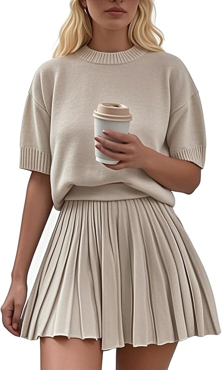 Womens 2 Piece Outfits Short Sleeve Crewneck Knit Tops And Pleated Mini Skirt Two Piece Sets
