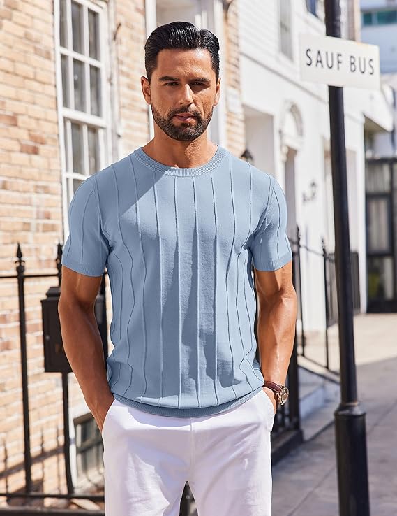 COOFANDY Men's T- Shirts Short Sleeve Knit Sweater Shirt Casual Crewneck Ribbed Pullover Tees