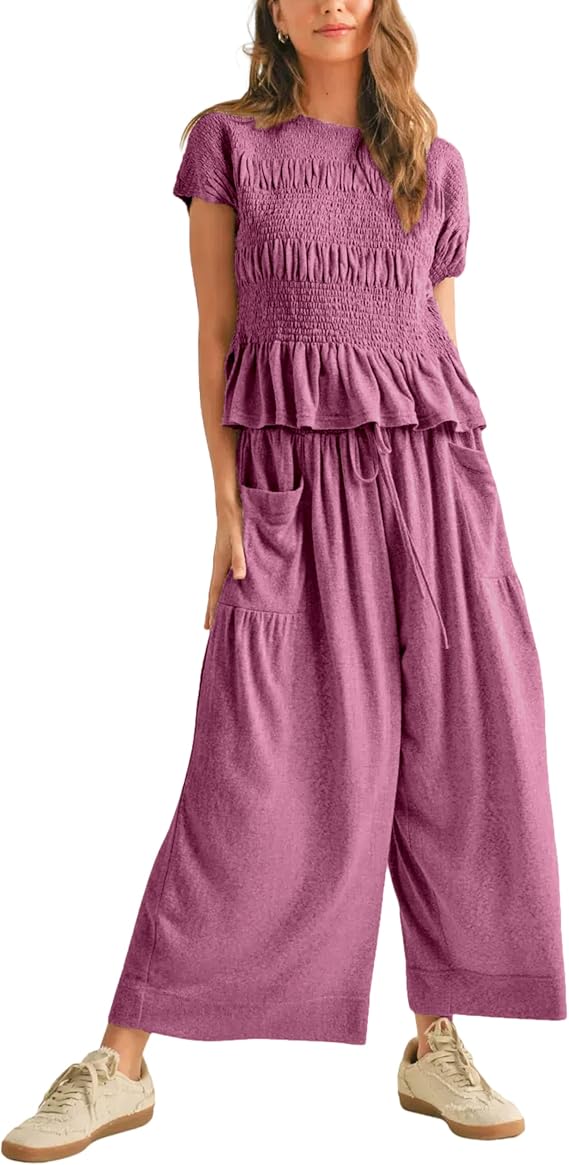 Womens 2 Piece Smocked Top Wide-Leg Pants Set High-Waisted Lounge Outfit with Pockets Casual Boho Matching Set