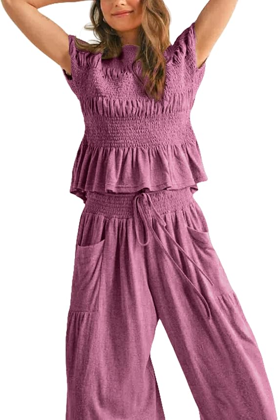 Womens 2 Piece Smocked Top Wide-Leg Pants Set High-Waisted Lounge Outfit with Pockets Casual Boho Matching Set