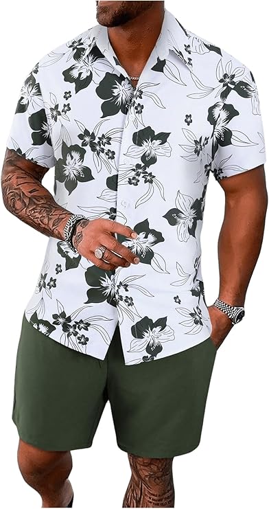 GORGLITTER Men's Vacation Beach Outfits 2 Piece Shorts Set Floral Hawaiian Button Down Shirt and Shorts