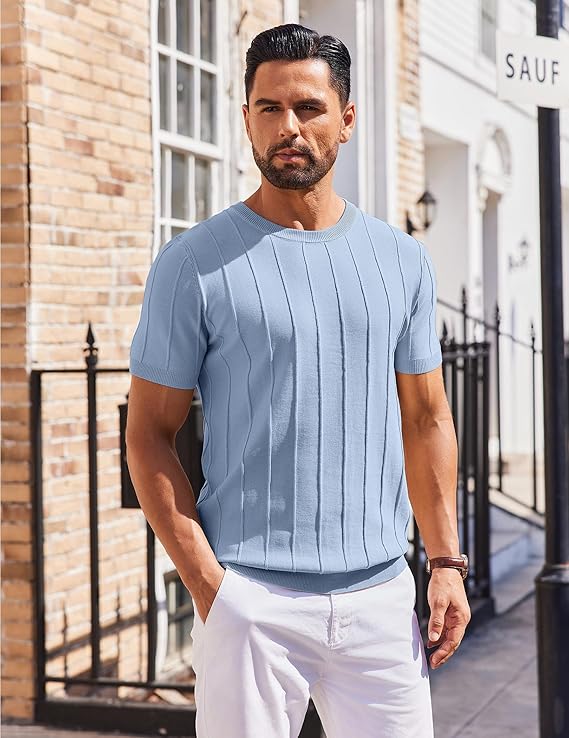 COOFANDY Men's T- Shirts Short Sleeve Knit Sweater Shirt Casual Crewneck Ribbed Pullover Tees