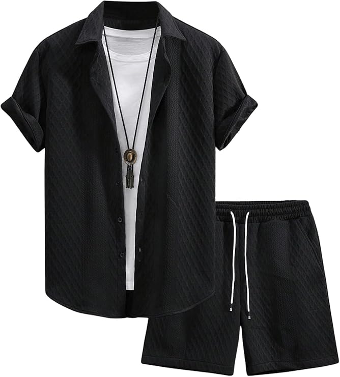 GORGLITTER Men's 2 Piece Outfits Waffle Knit Button Down Shirt Top and Shorts Set