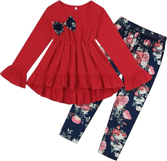 Toddler Kid Girl Clothes Ruffle Sleeve High Low Top Floral Allover Pants Fall Winter Outfit Set