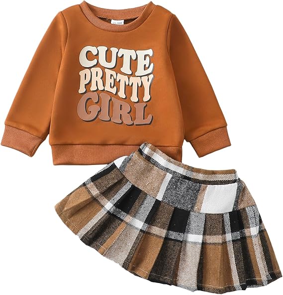 Kucnuzki Baby Girl Clothes Toddler Girl Fall Outfits Kids Winter Cute Long Sleeve T Shirt Top Plaid Mini Skirt Dress Set