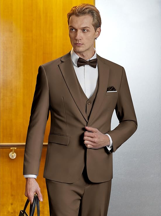 WULFUL Men’s Slim Fit Suit One Button 3-Piece Blazer Dress Business Wedding Party Jacket Vest & Pant