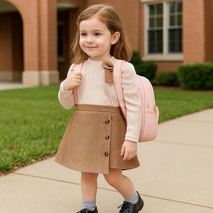 Toddler Girl Plaid Outfits Fall Winter Dress Knit Ribbed Bow Sweatshirt Tops and Button Fashion Skirts Set