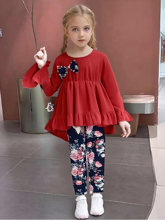 Toddler Kid Girl Clothes Ruffle Sleeve High Low Top Floral Allover Pants Fall Winter Outfit Set
