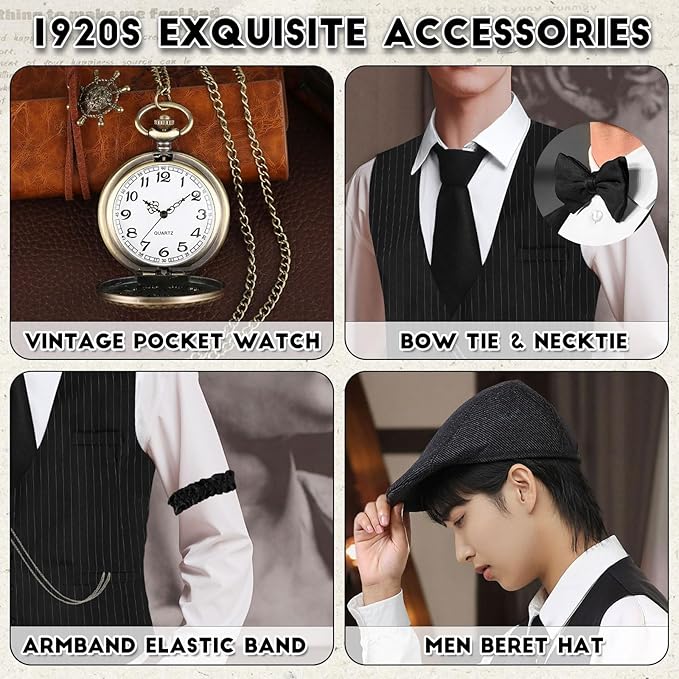1920s Mens Costume,Roaring 20s Costumes for Men,1920S Mens Outfit Accessories with Vest Hat Pocket Watch Tie Armband