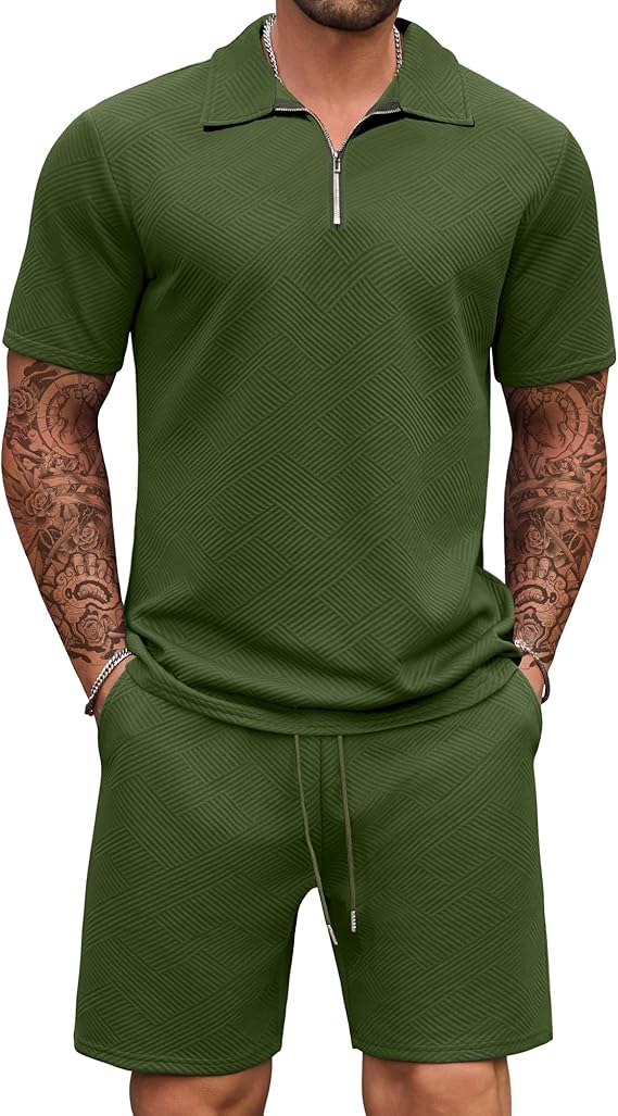 COOFANDY Mens Tracksuit Casual 2 Piece Quarter Zip Polo Shirt and Shorts Set Athletic Jogging Sports Outfits