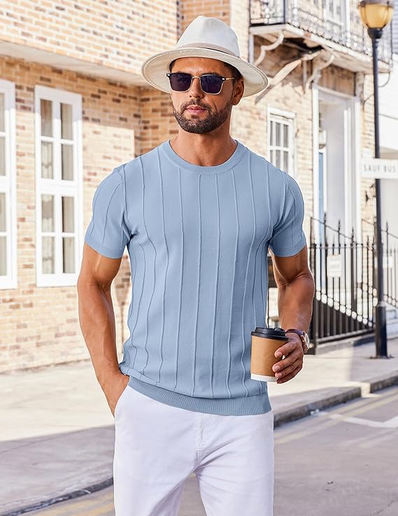 COOFANDY Men's T- Shirts Short Sleeve Knit Sweater Shirt Casual Crewneck Ribbed Pullover Tees