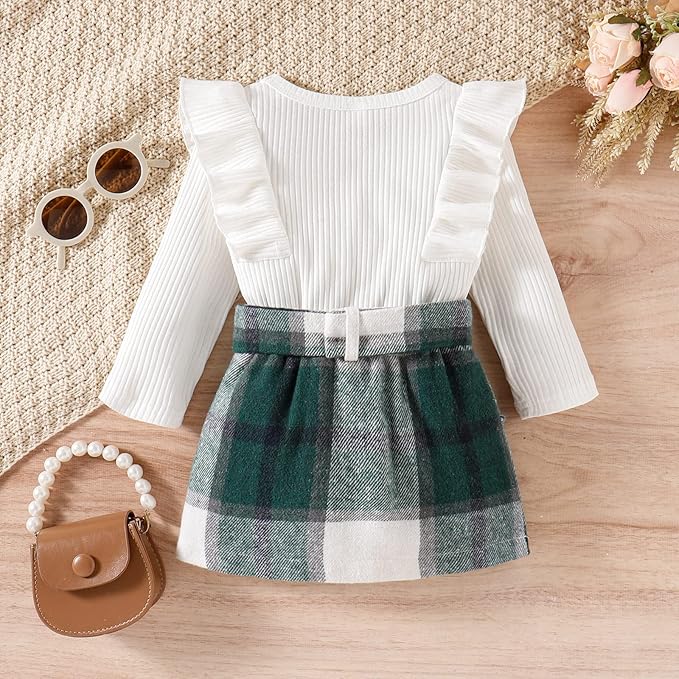 Noubeau Toddler Baby Girls Plaid Outfits Knit Ribbed Sweatshirt Shirt Tops Red Plaid Belt Skirt Fall Winter Clothes