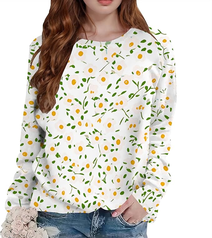 Womens Boho Floral Sweatshirt Graphic Pullover Tops Long Sleeve Round Neck Plus Size Fall Casual Hoodies