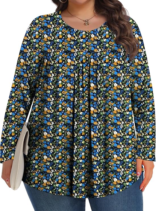 Plus Size Tops for Women Fall Long Sleeve Shirts Crew Neck Casual Loose Tunic Blouse 1X-5X