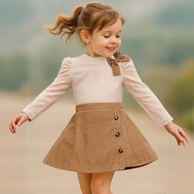 Toddler Girl Plaid Outfits Fall Winter Dress Knit Ribbed Bow Sweatshirt Tops and Button Fashion Skirts Set