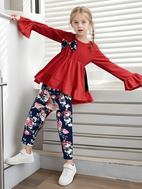 Toddler Kid Girl Clothes Ruffle Sleeve High Low Top Floral Allover Pants Fall Winter Outfit Set