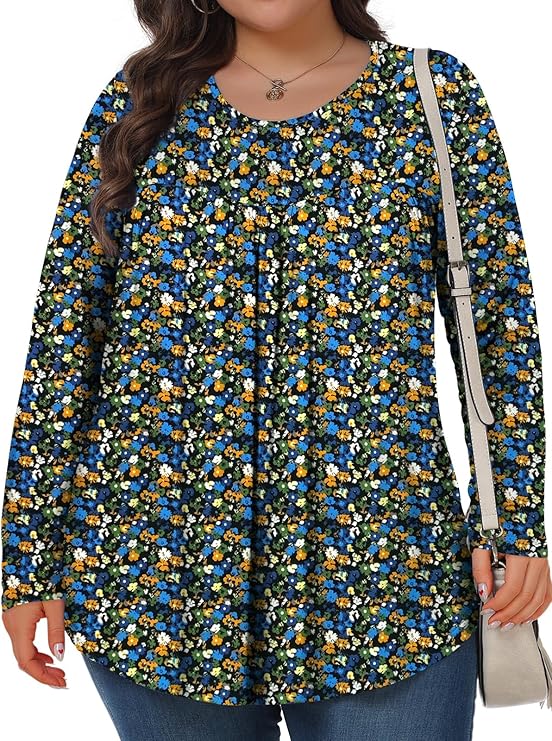 Plus Size Tops for Women Fall Long Sleeve Shirts Crew Neck Casual Loose Tunic Blouse 1X-5X