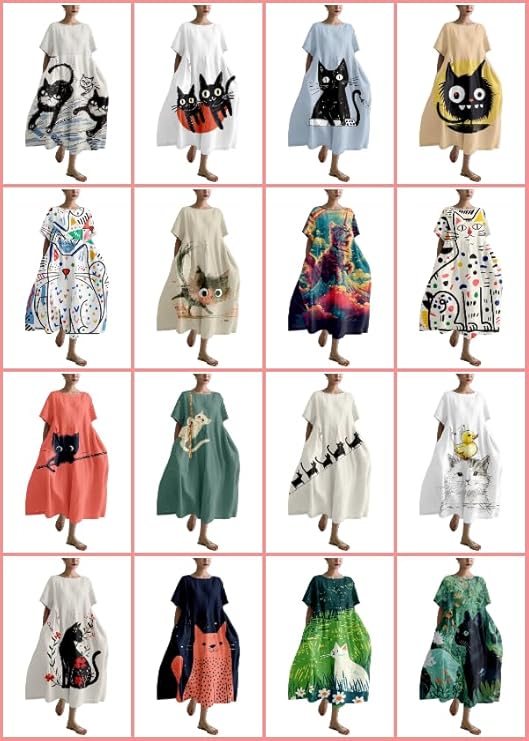 MARSVOVO Summer Dress for Women Funny Cat Graphic Cute Short Sleeve Maxi Dress Causal Plus Size Party Dress for Women