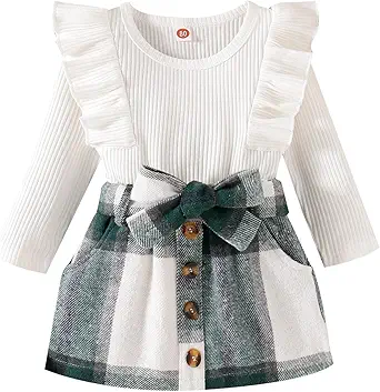 Noubeau Toddler Baby Girls Plaid Outfits Knit Ribbed Sweatshirt Shirt Tops Red Plaid Belt Skirt Fall Winter Clothes