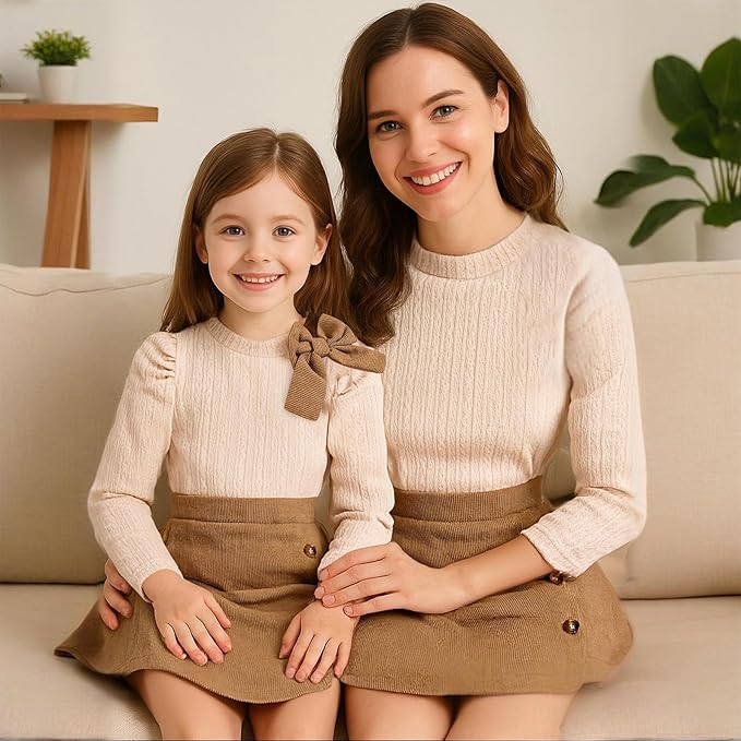 Toddler Girl Plaid Outfits Fall Winter Dress Knit Ribbed Bow Sweatshirt Tops and Button Fashion Skirts Set